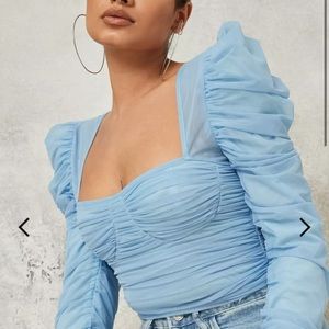 missguided lined milkmaid ruched baby blue top NWT